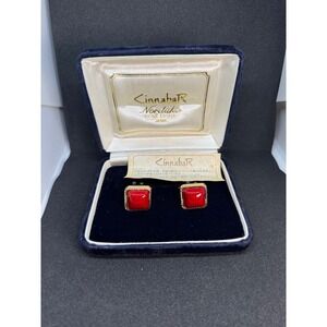Cinnabar Noritake Cufflinks Red Cabochon Gold Tone Mens‎ Jewelry with Box